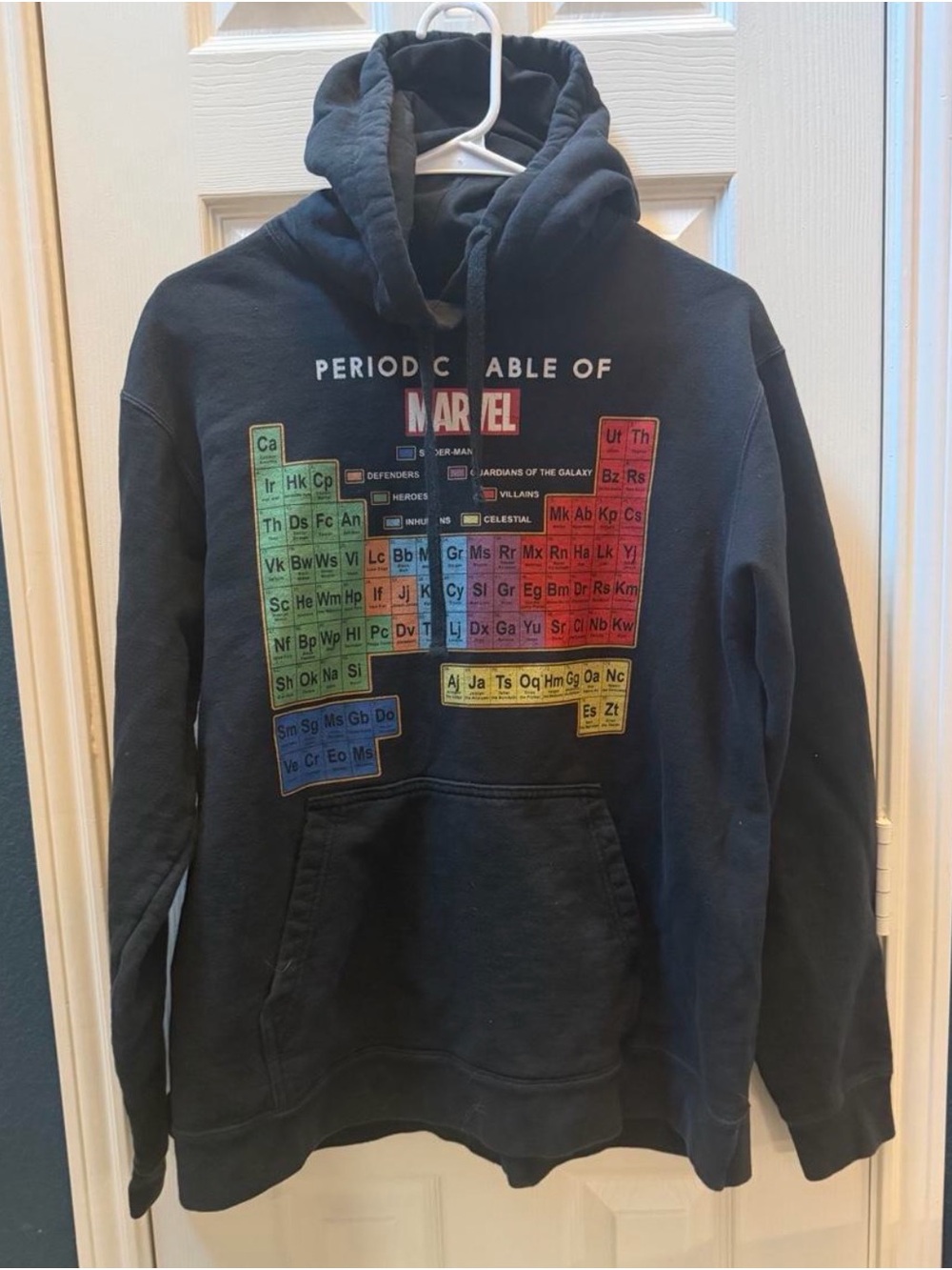 Marvel Men’s Crewneck Hoodie with Colorful Periodic Table Graphic - Black